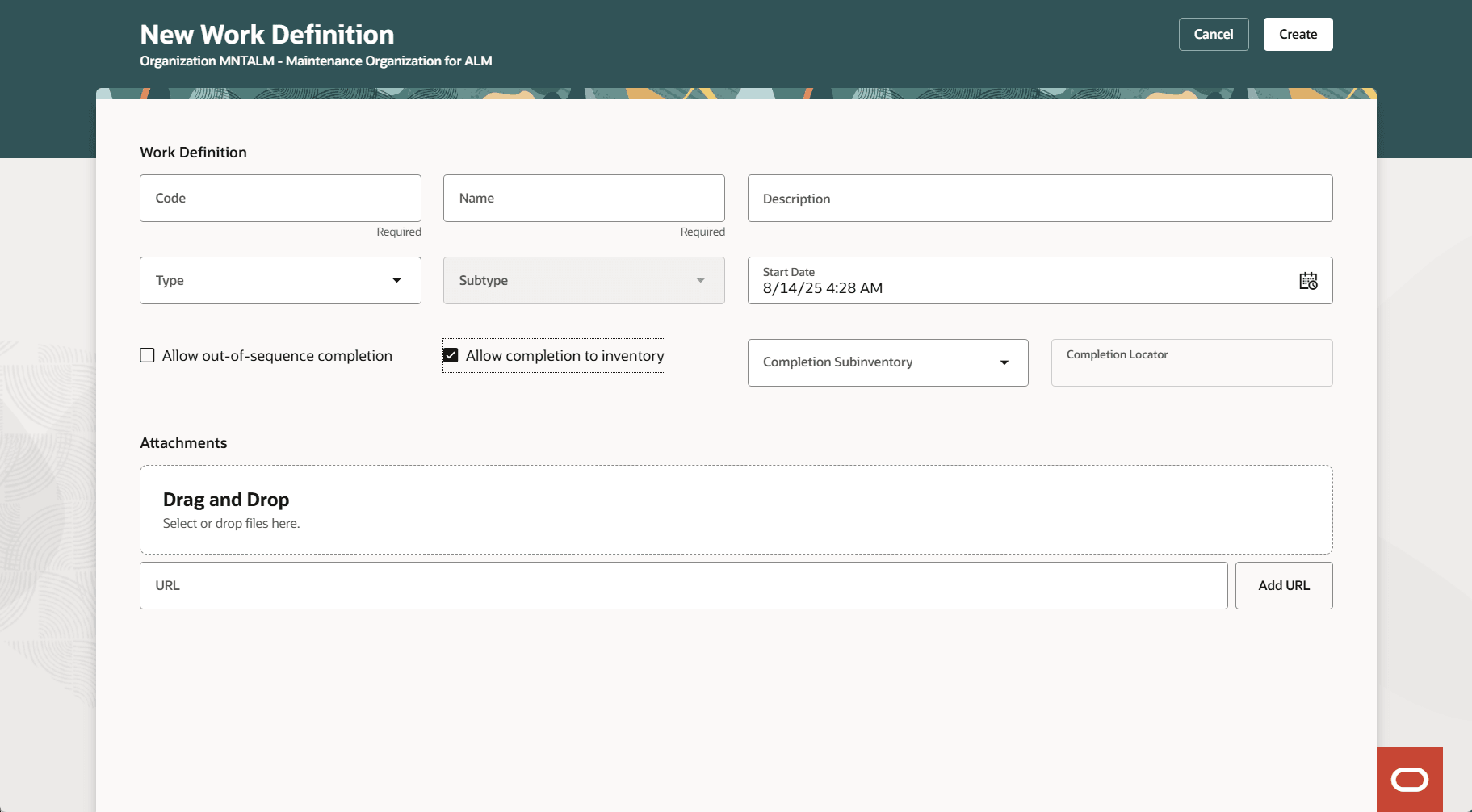  Additional fields for Completion Subinventory and Locator when Allow completion to inventory flag is selected.