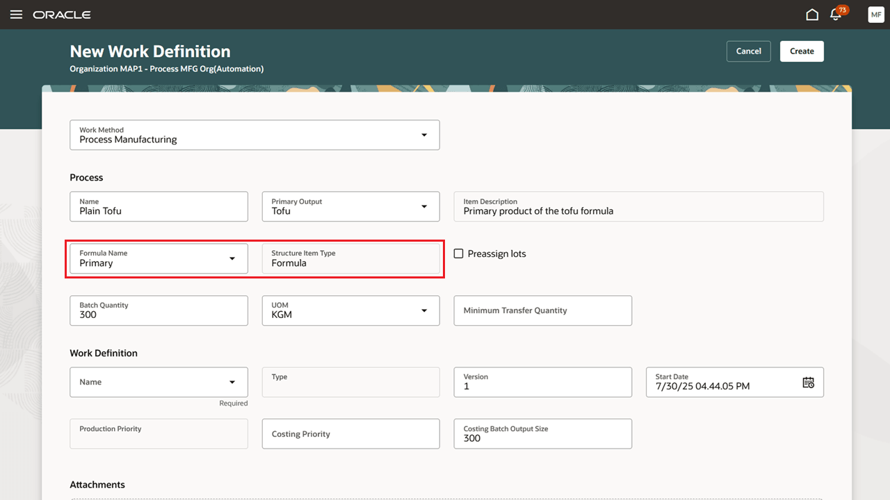 Create a process manufacturing work definition based on a formula