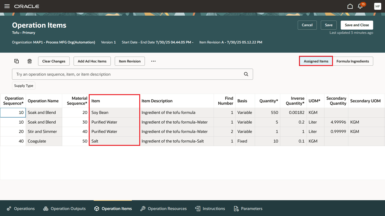 Formula Ingredients as Assigned Items