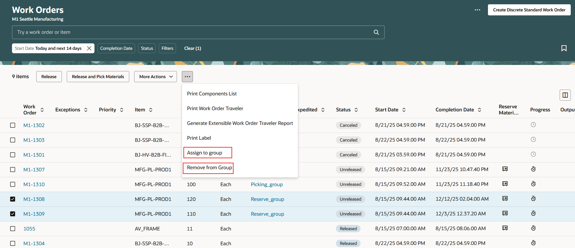 Work Order Mass Actions Using Group Names