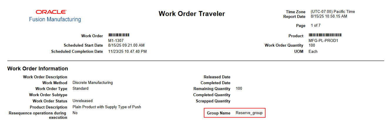 Work Order Traveler Report - Group Name