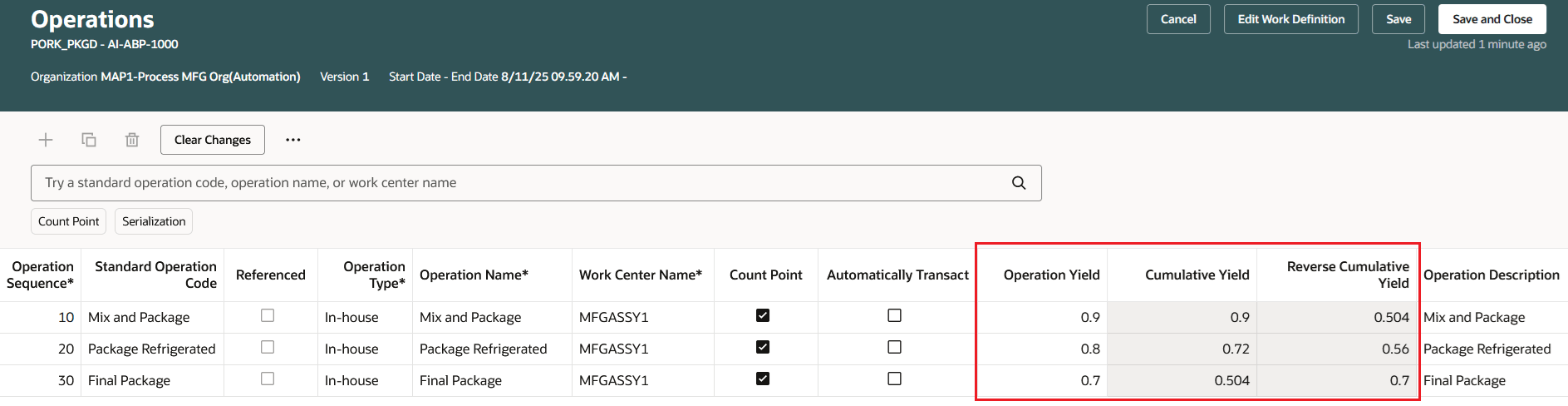 Operation Yield Values for Process Work Definition Operations
