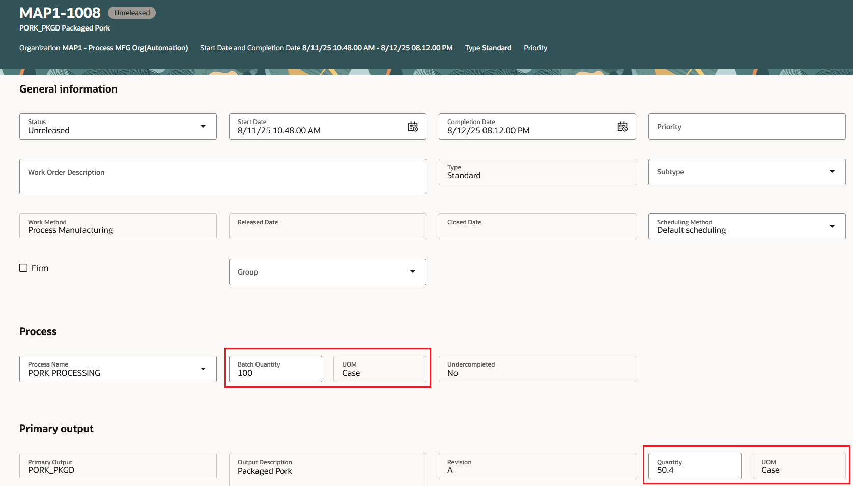 Process Work Order - Batch Quantity, Primary Output Quantity based on Yield