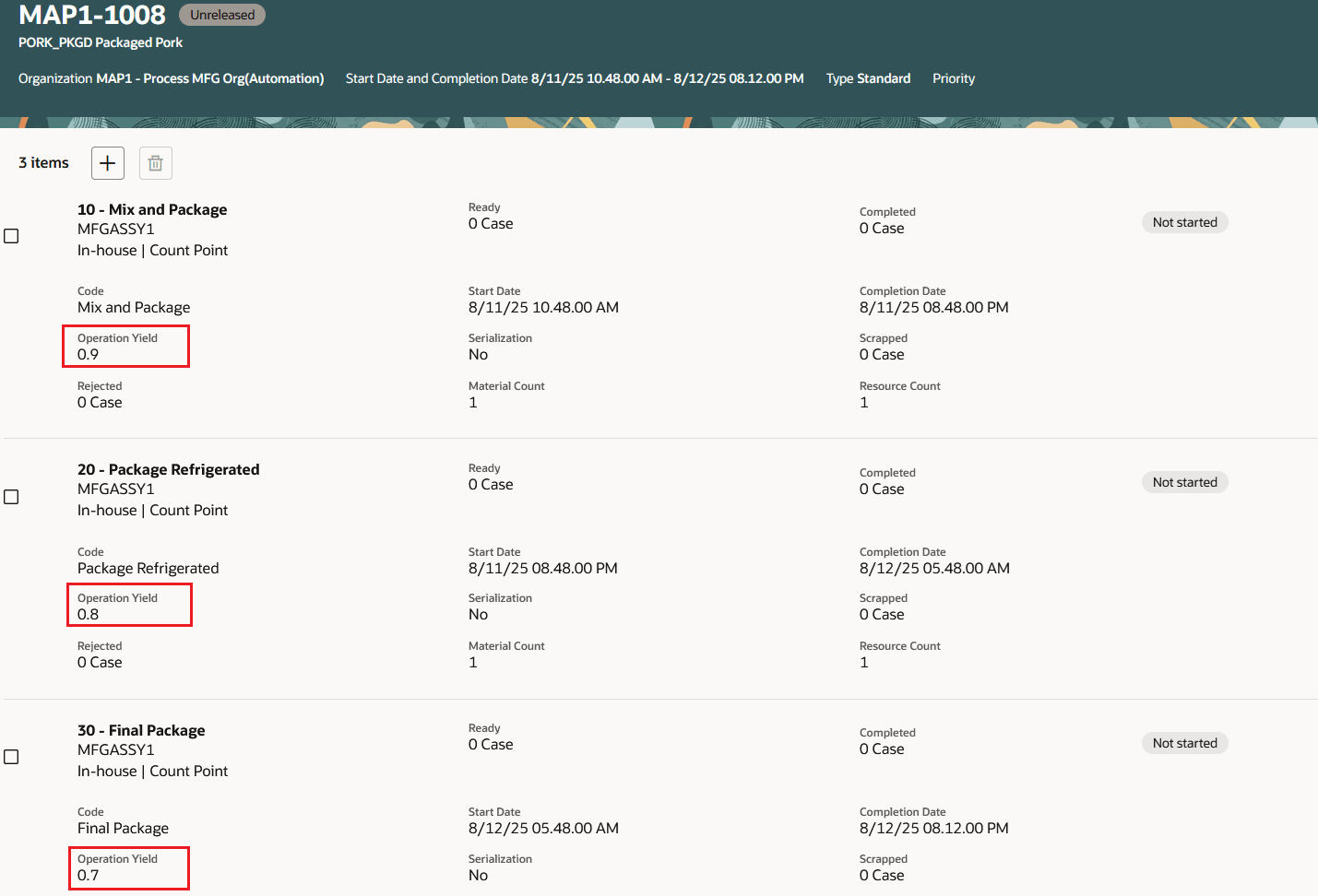 Operation Yield for Process Work Order Operations