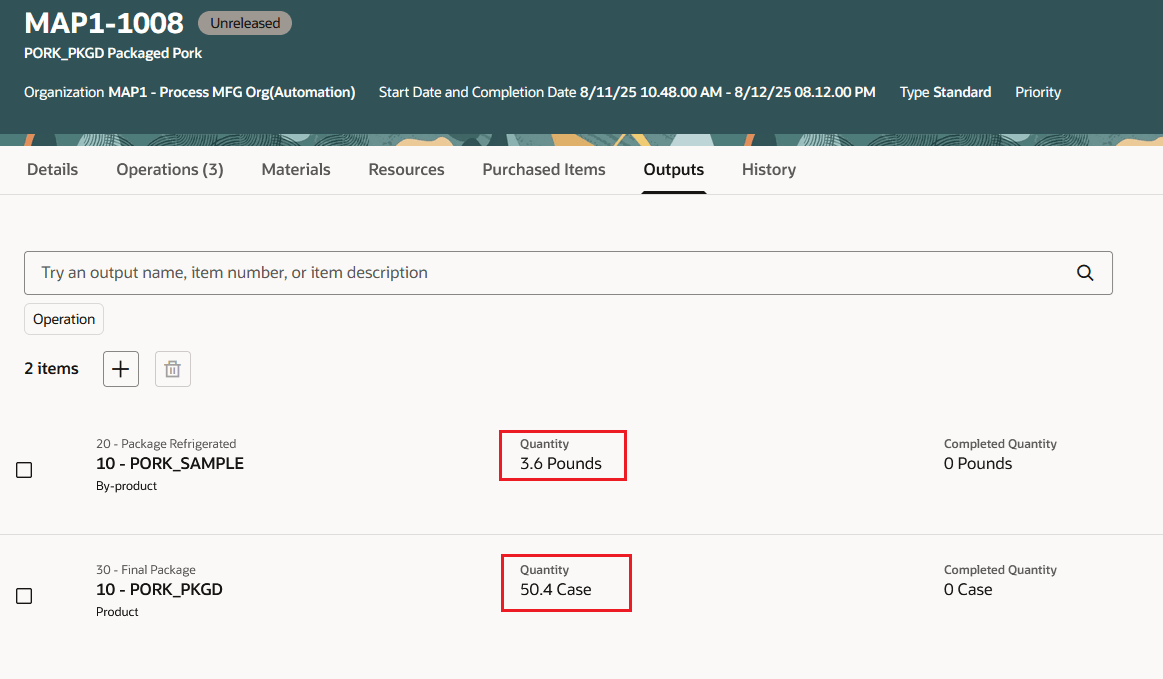 Process Work Order Outputs based on Operation Yield values