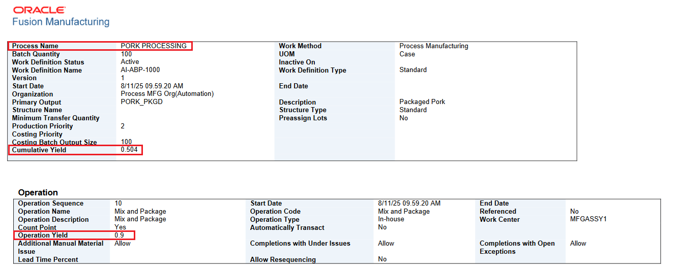 Work Definition Report - Cumulative Yield and Operation Yield