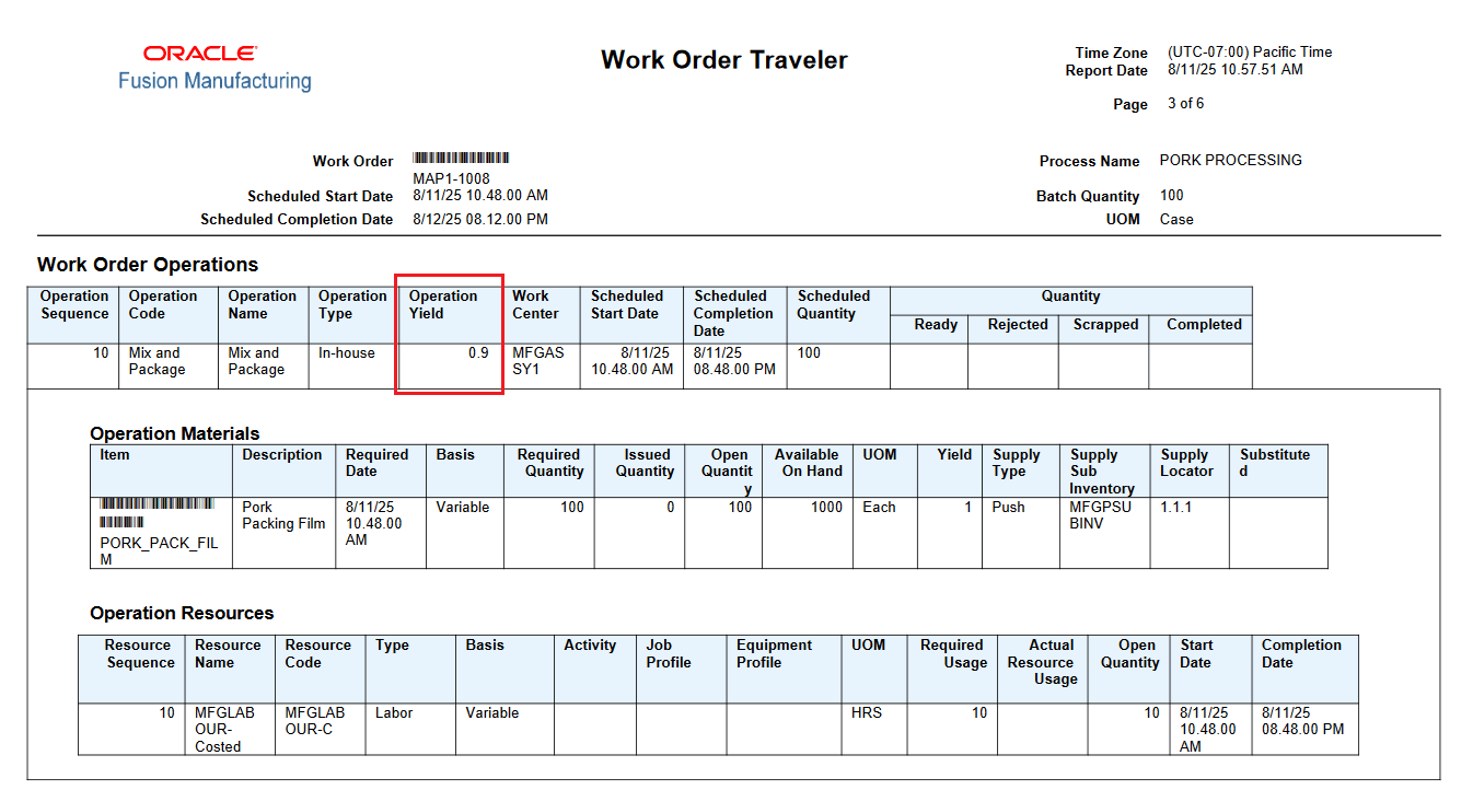 Process Work Order Traveler Report - Operation Yield