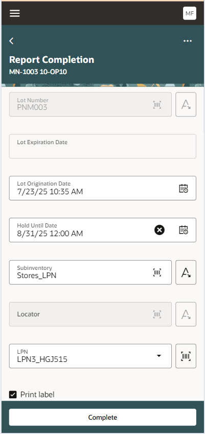 Operation Completion details including LPN