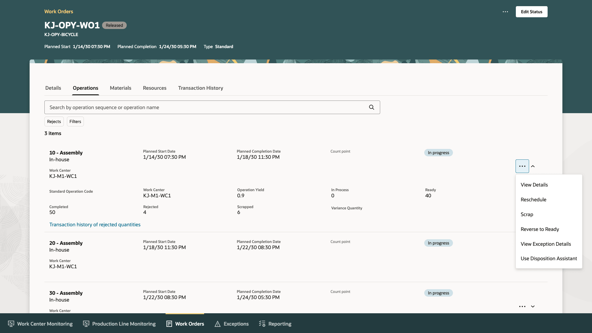 Use Disposition Assistant when there is Rejected Quantity in a Work Order Operation