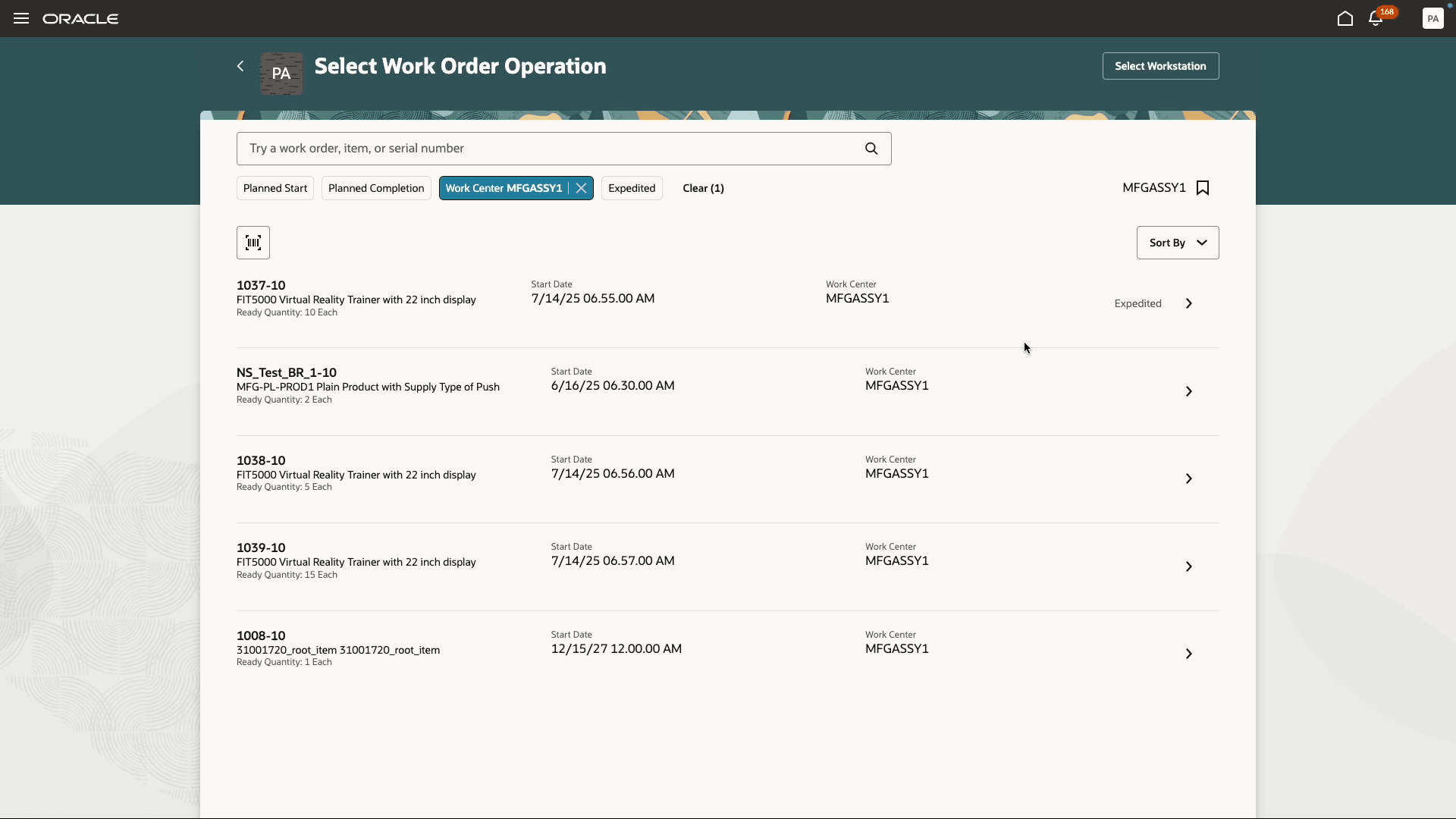 Select Work Order Operation for execution