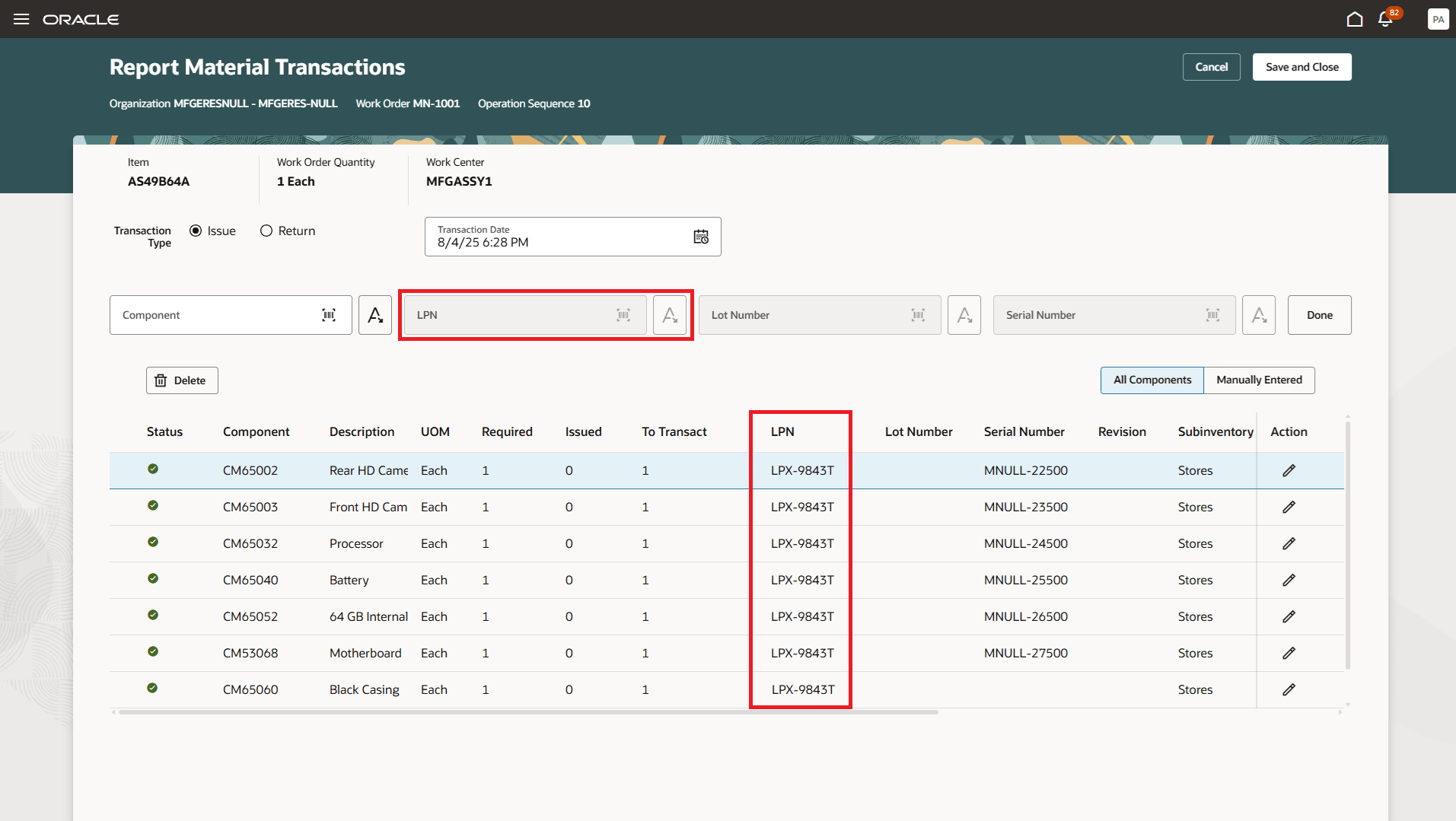 Scan or Select LPNs while reporting Work Order Material Transactions