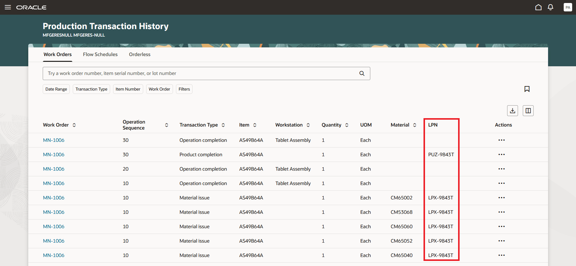 Review LPNs in Production Transaction History