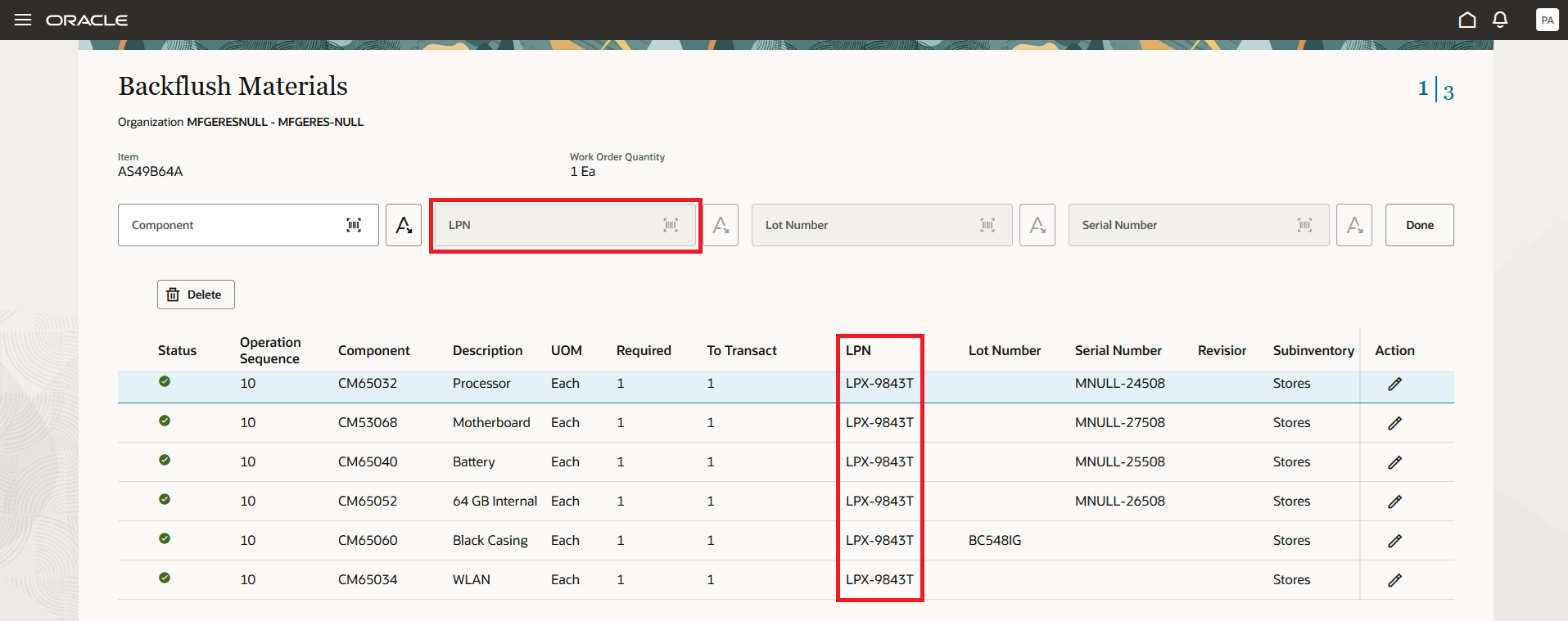 Scan or Select LPNs for materials while reporting an Orderless Completion Transaction