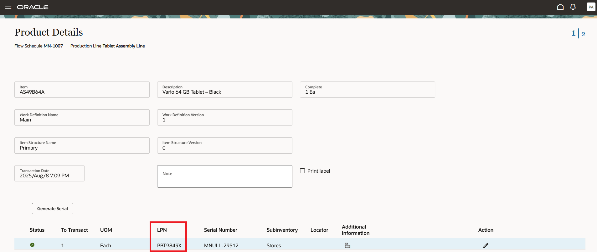Scan or Select an LPN for the product while reporting Completion of a Flow Schedule