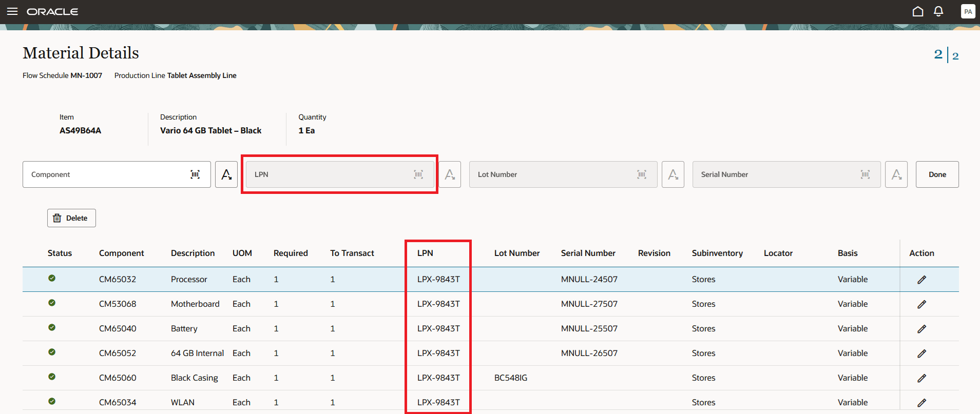 Scan or Select LPNs for the materials while reporting Completion of a Flow Schedule