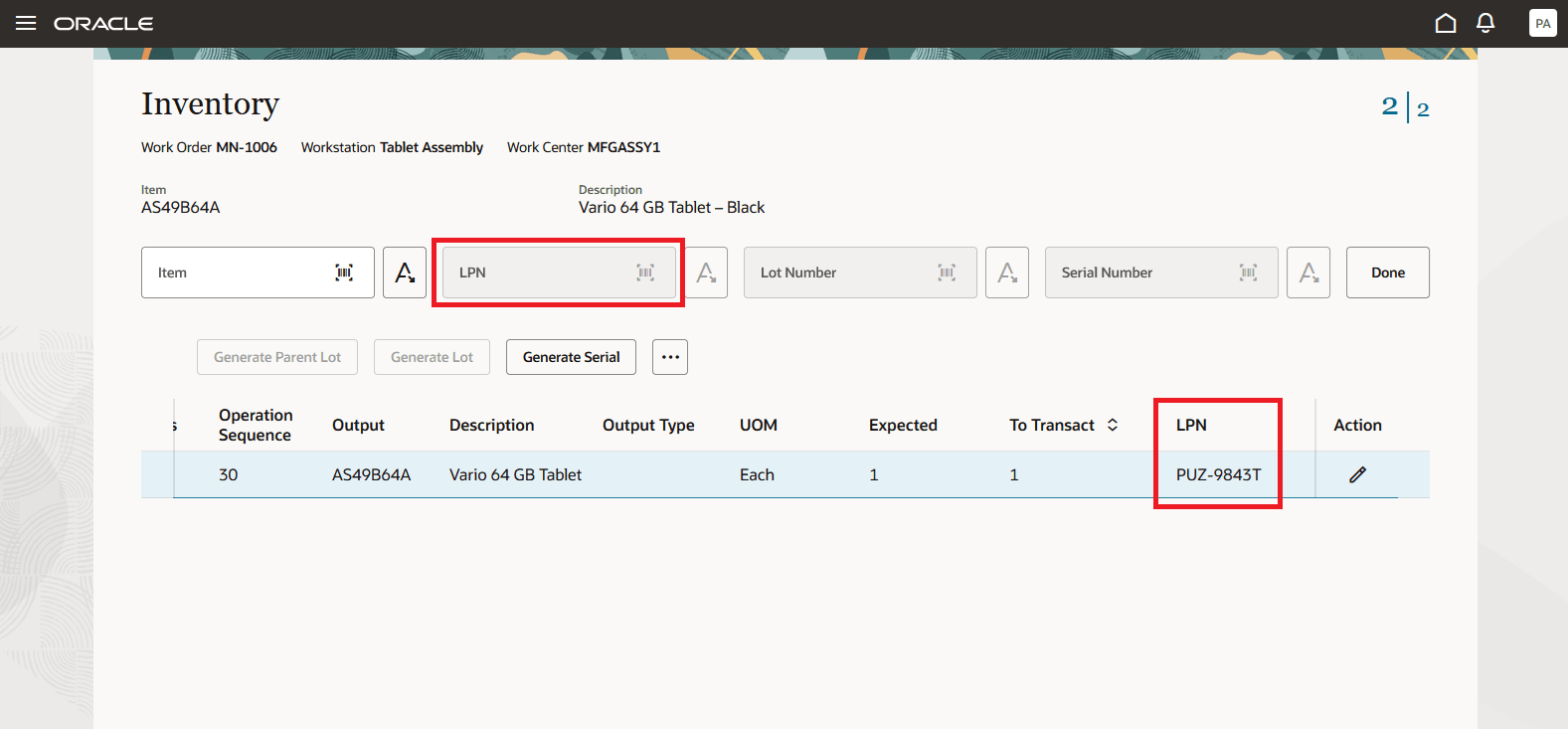 Scan or Select an LPN for the product while reporting Operation Completion via Operator Workbench