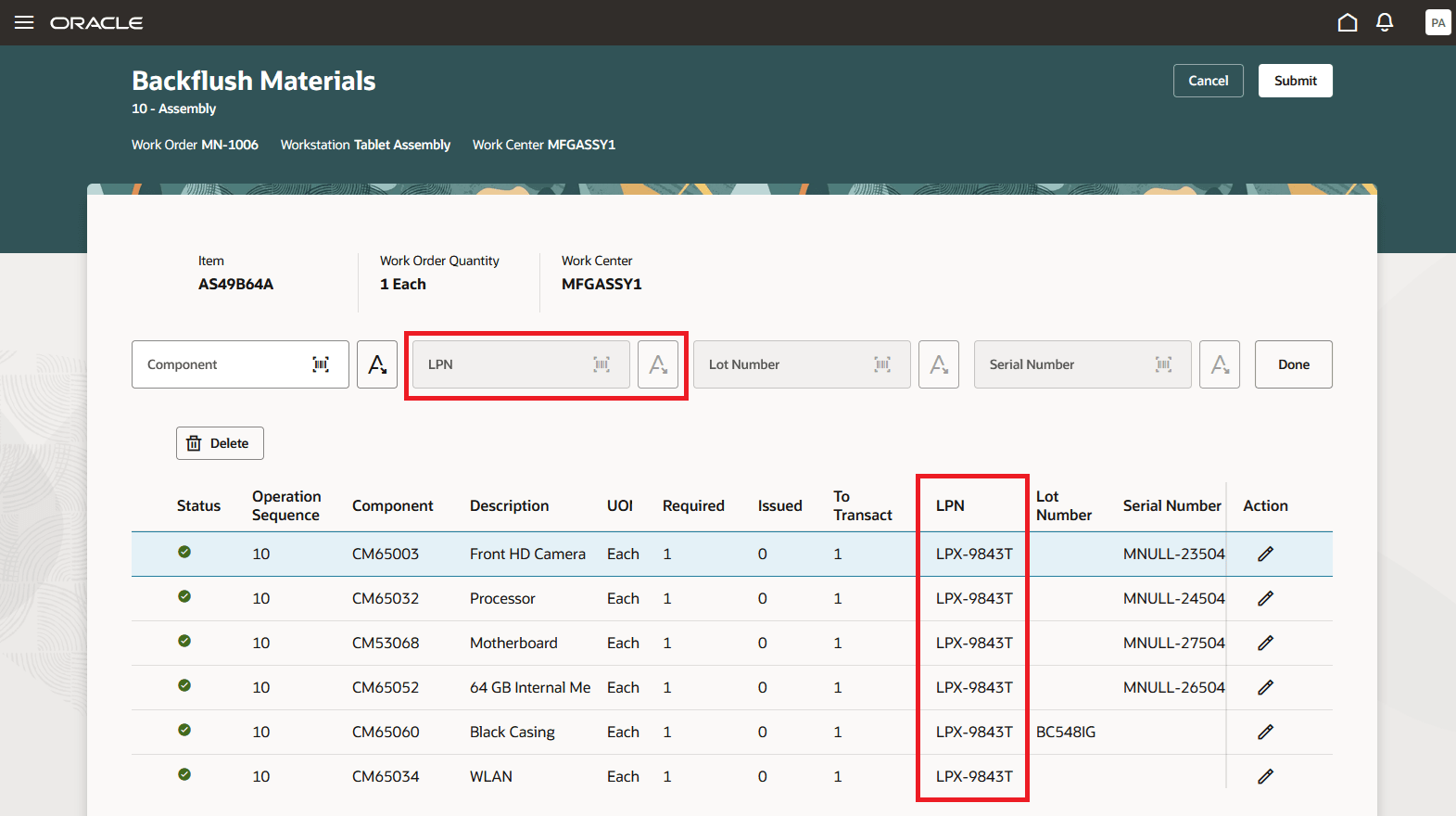 Scan or Select LPNs for materials while reporting Operation Completion at a Workstation through Operator Workbench