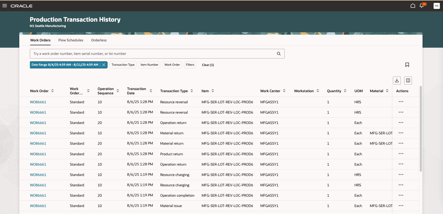 Production Transaction History Work Orders page