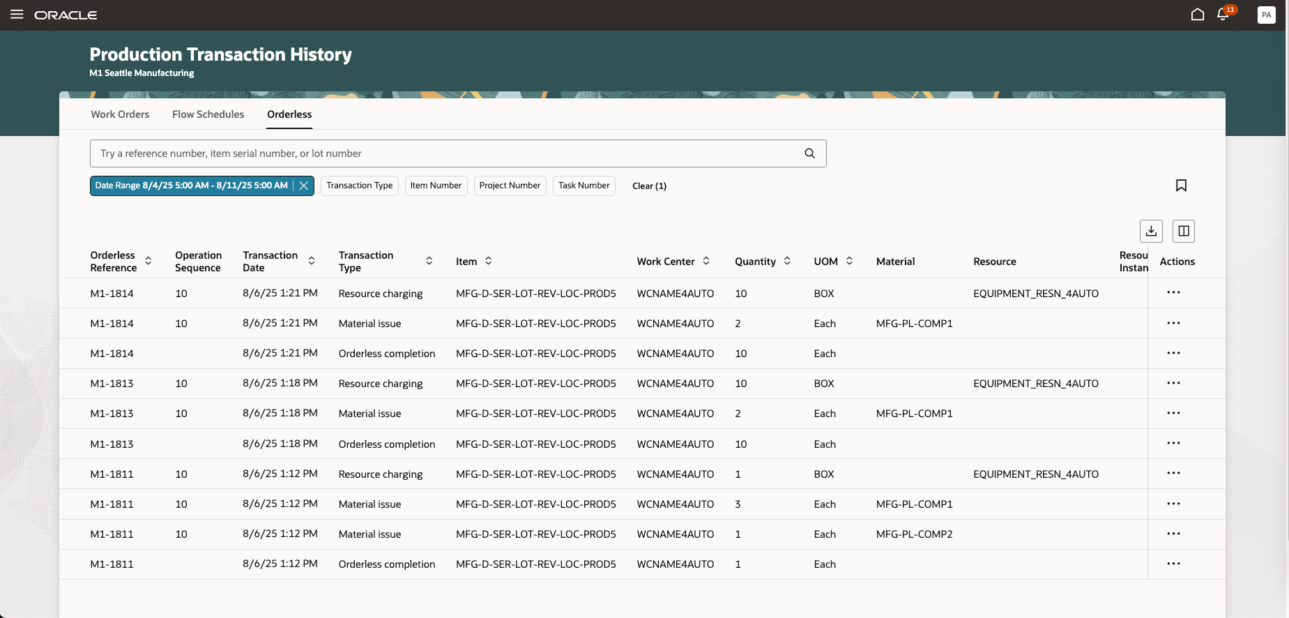 Production Transaction History Orderless Page.