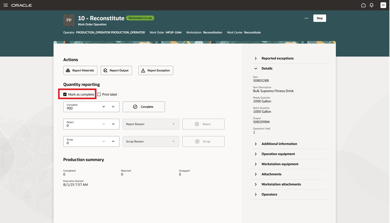 Report a process work order operation as complete