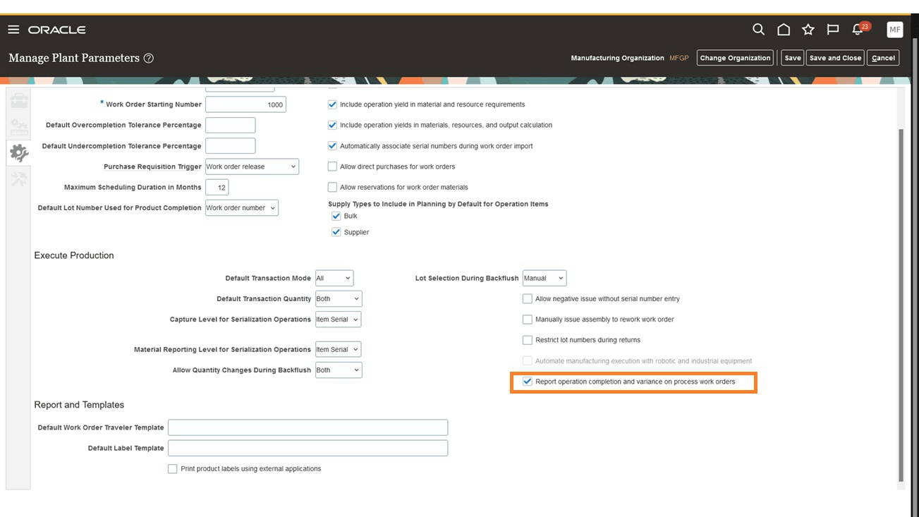 Plant parameter to enable variance reporting for process work order operations