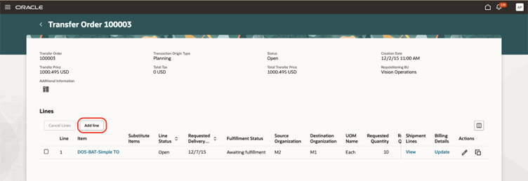 Go to the Inventory Management work area, open your transfer order, then click Add Line