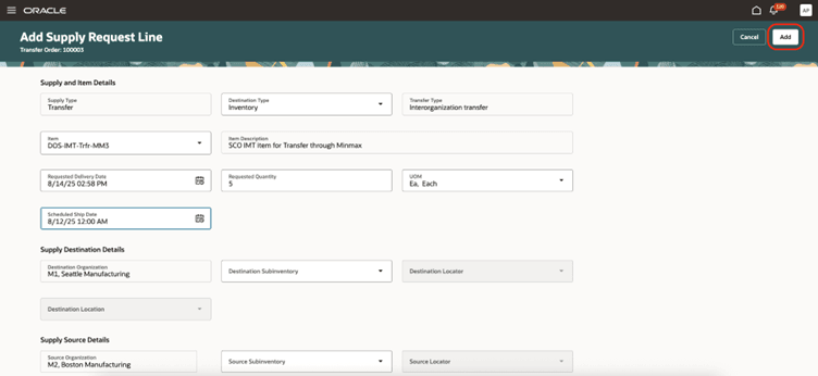 Add Supply Request Line page in Supply Chain Orchestration