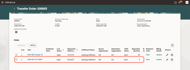Supply Chain Orchestration adds your changes to the transfer order