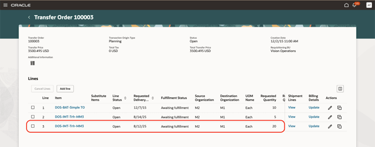 View the new line on the transfer order: