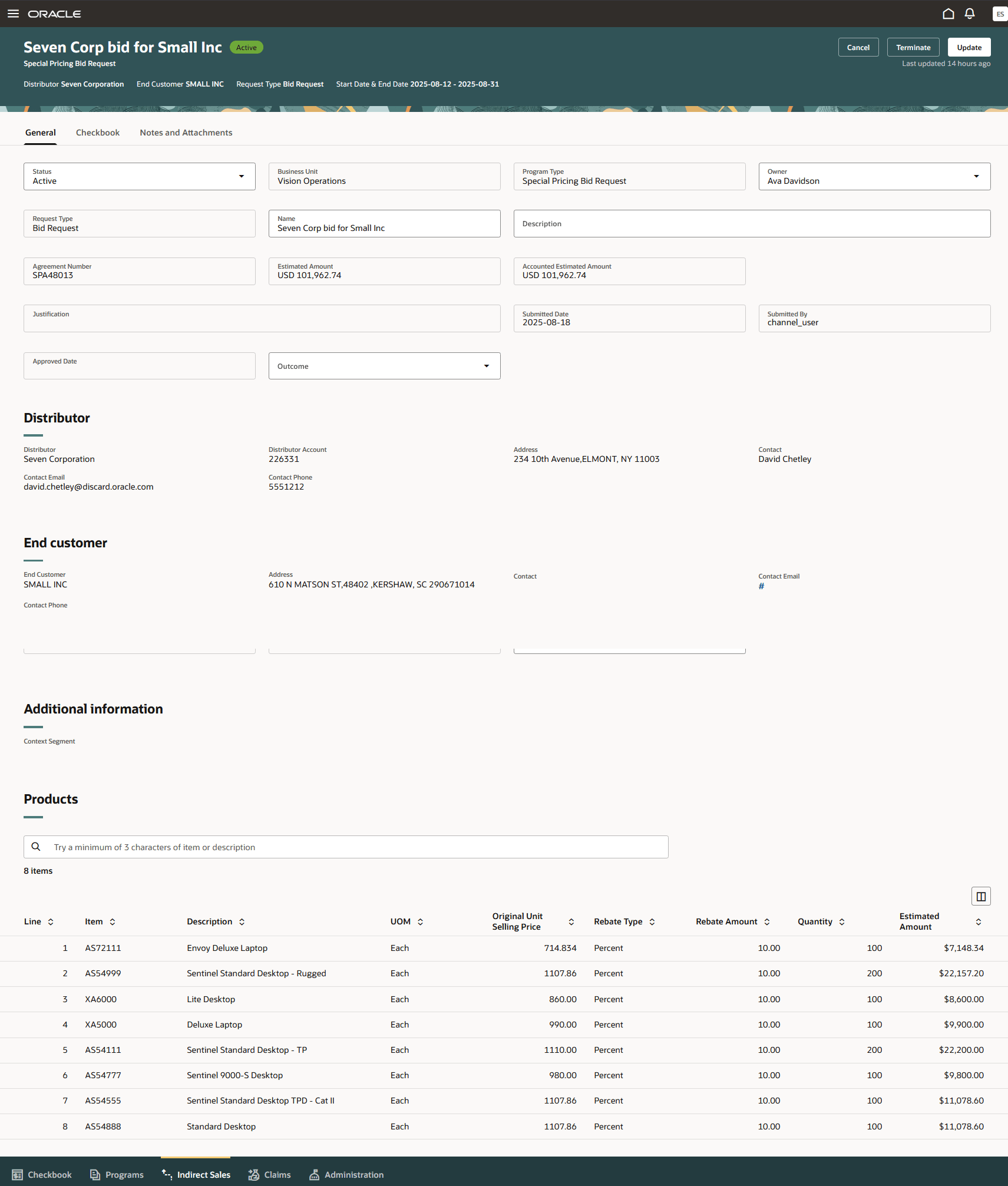Special Price Agreement for a Bid Request