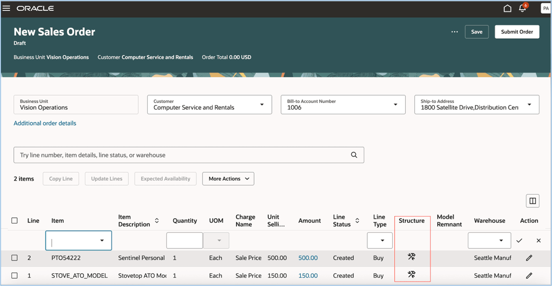 icon in the Structure column on the order line