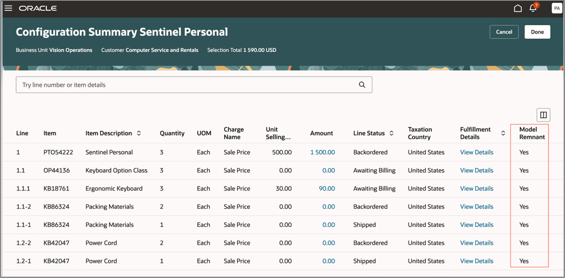 view the Model Remnant attribute on the Configuration Summary page or the Order page