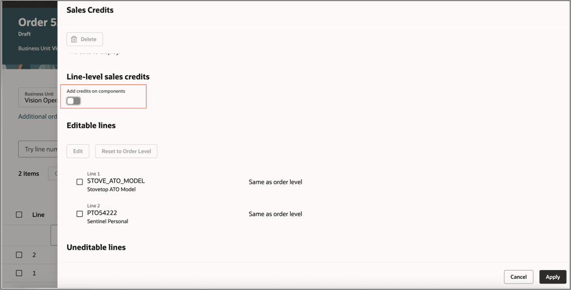 Add Credits to Components option to add sales credits to the configure option