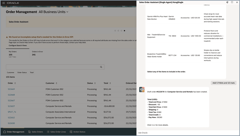 Agent displays a draft order summary
