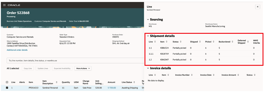 child lines in Shipment Details