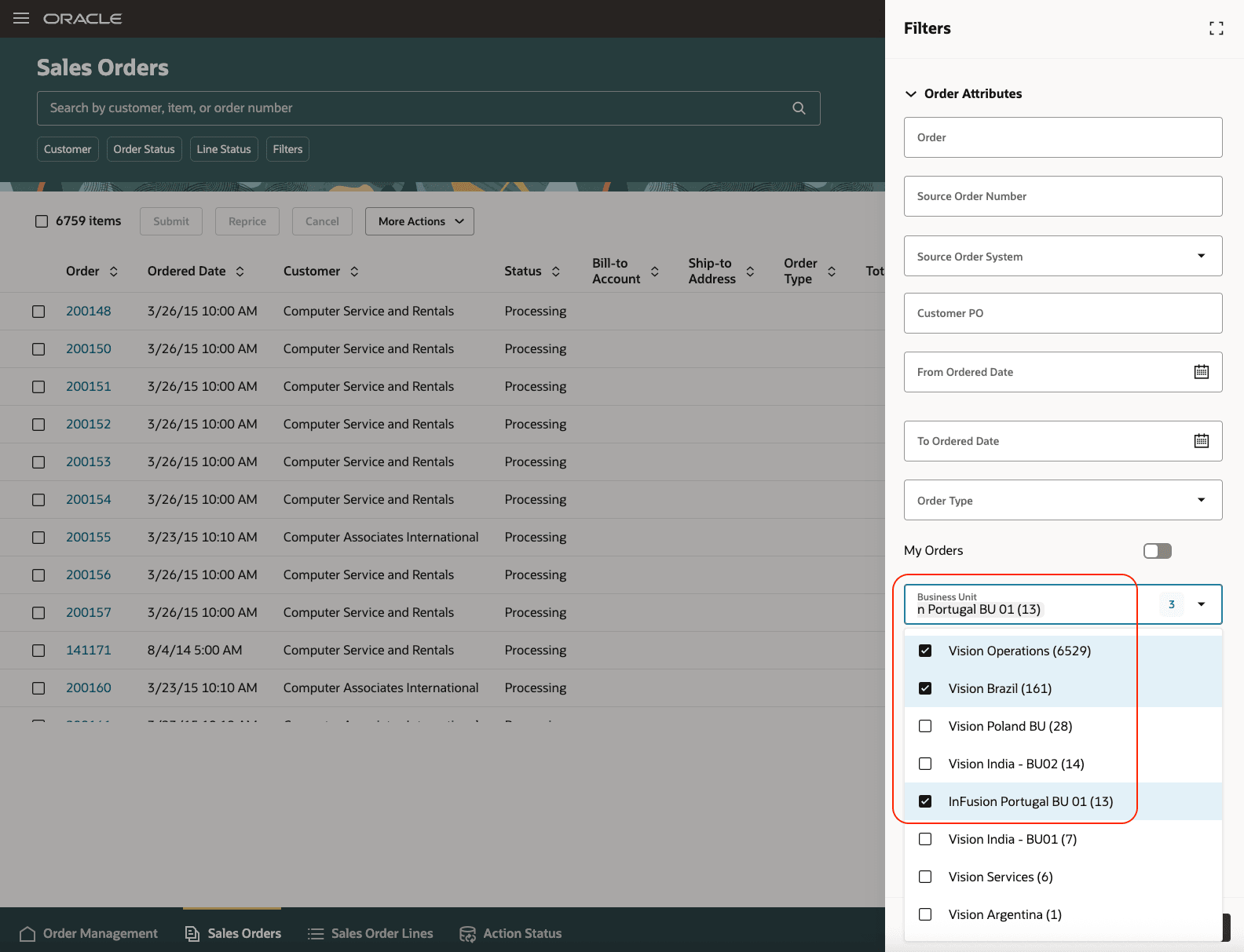 Close orders from one or more business units