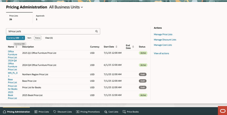 New Pricing Administration landing page, with the list of price lists and objects for approvals on separate tabs.