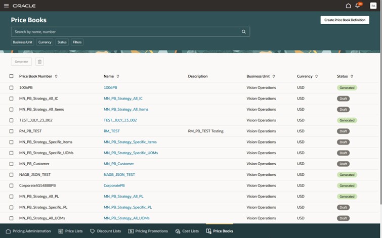 Notice the ummary list of price books