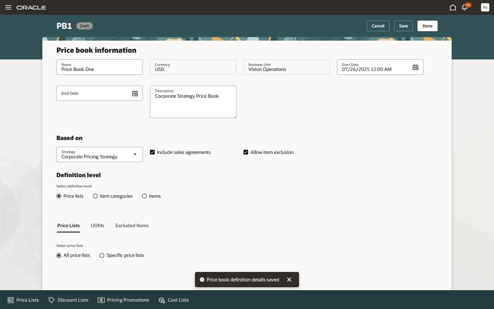 Click Create Price Book Definition, then set its values