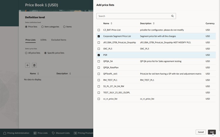 Select Specific Price Lists, pick the price lists you want, then Add