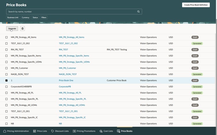Select your price book, then click Generate.