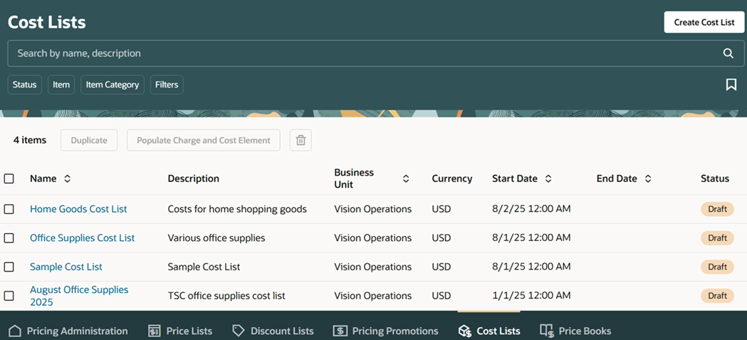 Manage Cost Lists - New