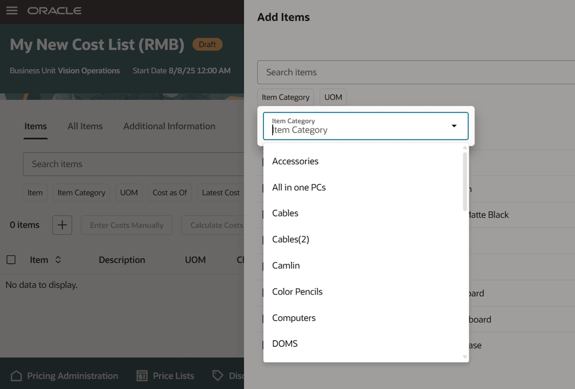 filter the results according to item category or UOM