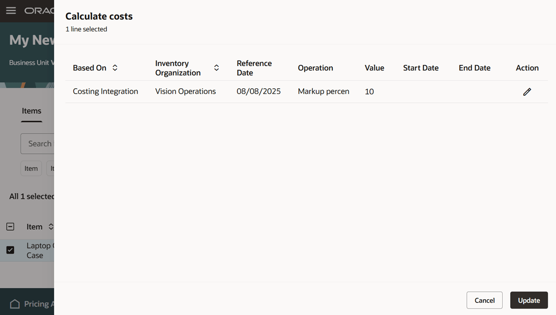 Calculate Costs dialog