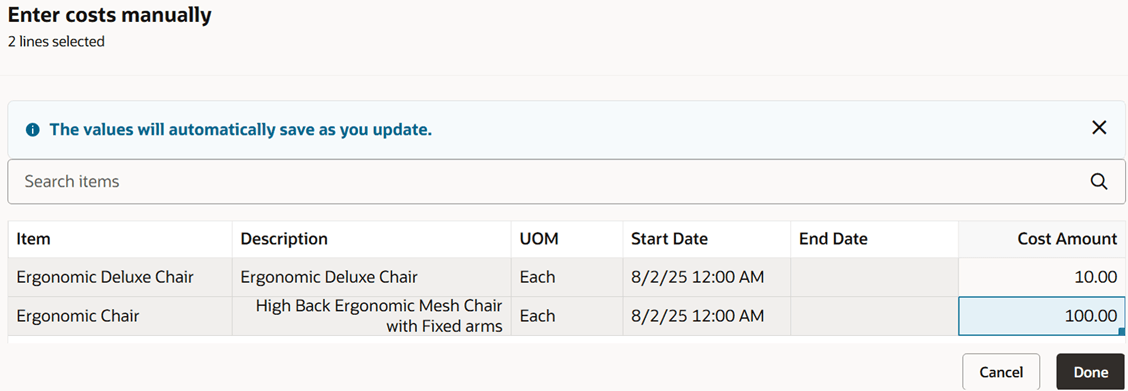 Enter Costs Manually
