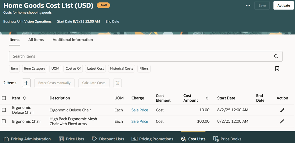 Review or update cost details on each item: