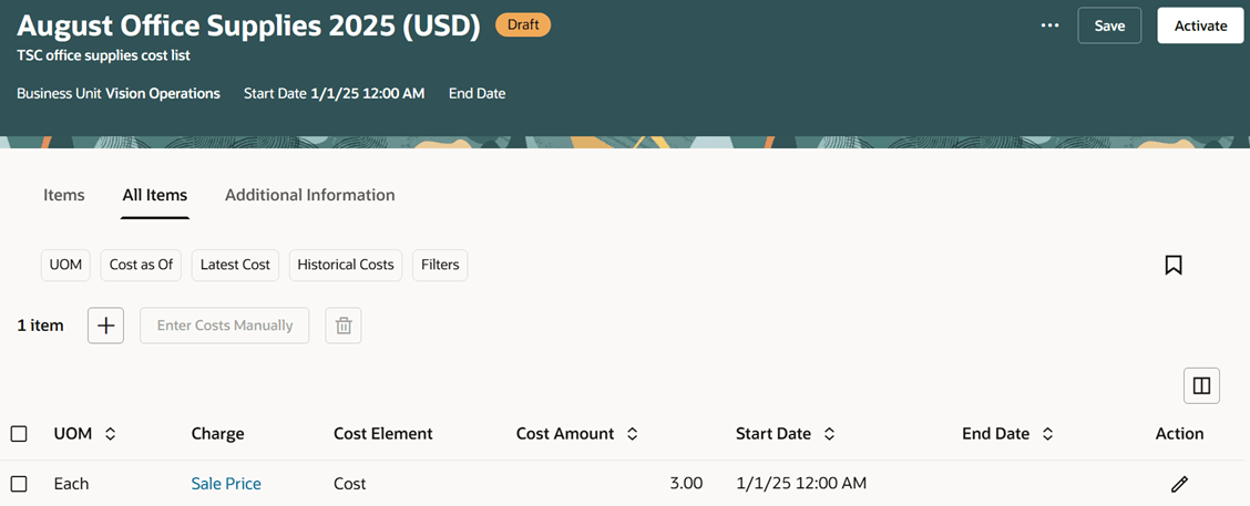 Click All Items to set up cost across all items in the cost list.&nbsp; 