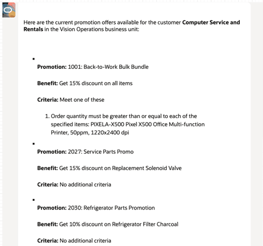 This is the response from the promotion recommendation advisor, which shows a list of recommended promotions and the promotion details.