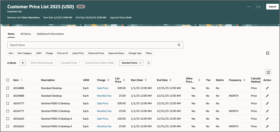 add items, manually add prices, and calculate price according to the cost list and another price list