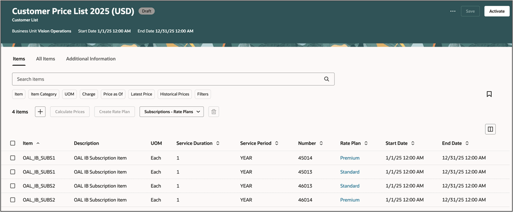 one-time charges and recurring charges, and specify usage rates for your subscriptions under rate plans